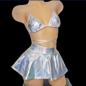 Holographic Silver Bikini Top and Skirt Set